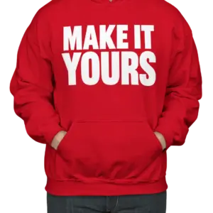 Custom Gildan Midweight 50/50 Pullover Hoodie - Red custom print example; your uploaded design replaces the example artwork