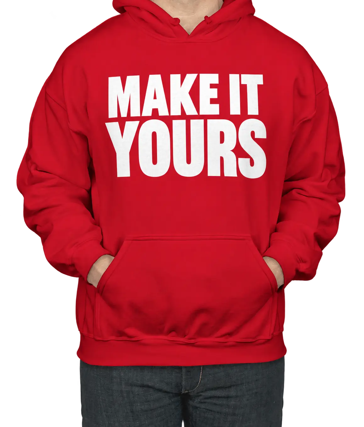 Custom Gildan Midweight 50/50 Pullover Hoodie - Red custom print example; your uploaded design replaces the example artwork