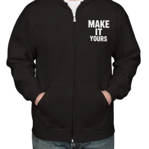Custom Gildan Midweight 50/50 Zip Hoodie - Black custom print example; your uploaded design replaces the example artwork