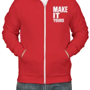 Custom Bella + Canvas Ultra Soft Zip Hoodie - Red custom print example; your uploaded design replaces the example artwork