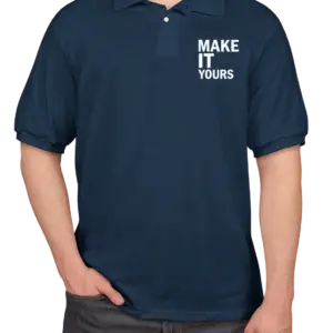 Custom Hanes EcoSmart 50/50 Jersey Polo - Printed - Navy custom print example; your uploaded design replaces the example artwork