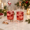 Sample design: full-body Santa and Rudolph above the cup with long unprinted clear stirrer stems