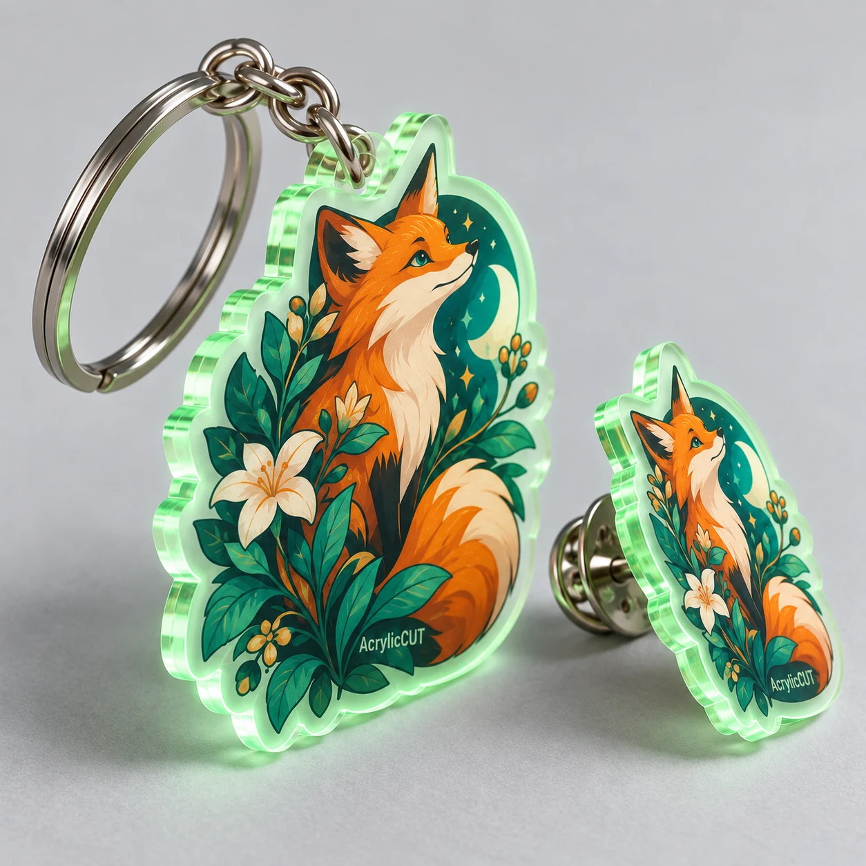 3" Glow-in-the-Dark Acrylic Pins & Keychains — CustomGoods detail illustration